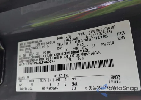 2020 Ford F-150 Raptor from USA, damaged, VIN 1FTFW1RG2LFA69076